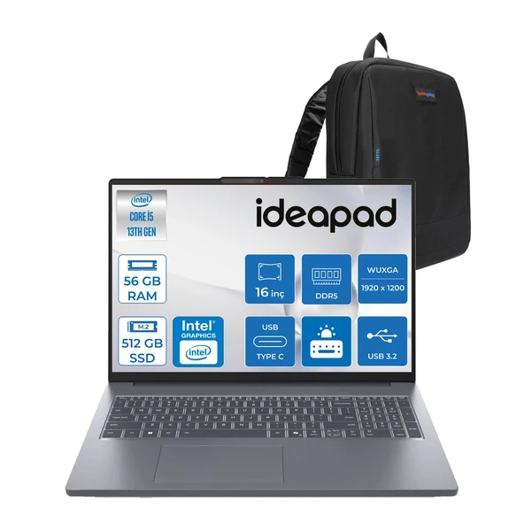 Lenovo Ideapad Slim 3 16IRH10 Intel Core I5 13420H 56GB 512 GB SSD Freedos 16" Wuxga (1920X1200) IPS 300NITS Taşınabilir Bilgisayar IP83K20077TRF14 + Zetta Çanta ürün görseli 1