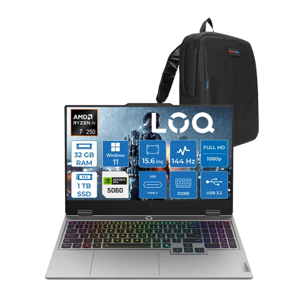 Lenovo Loq 15AHP10 Amd Ryzen 7 250 32GB Ddr5 1tb SSD Windows 11 Home RTX5060 8gb 100W 15.6" Fhd (1920X1080) IPS 300NITS 144Hz Gaming Laptop 83JG006ETRH17 + Zetta Çanta ürün görseli 1