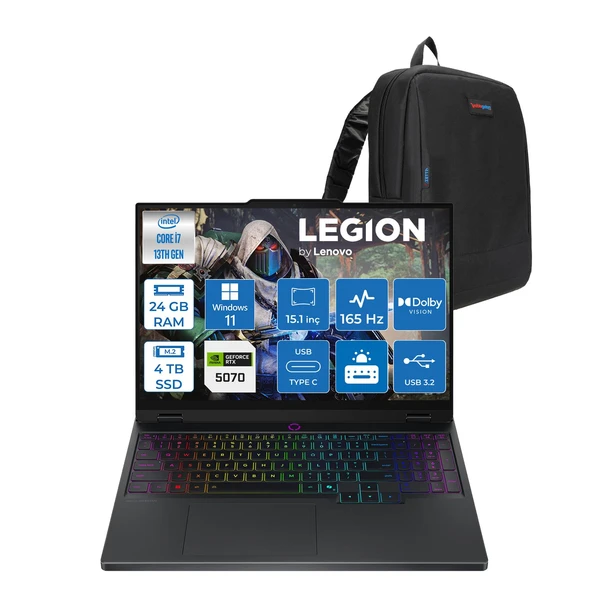 Lenovo Legion 5 15IRX10 Intel Core I7 13650HX 24GB Ddr5 4tb SSD RTX5070 8gb Gddr7 115W Windows 11 Pro 15.1" Wqxga (2560X1600) OLED 1000NITS 165Hz Taşınabilir Bilgisayar W83LY00CJTRP10 + Zetta Çanta ürün görseli 1