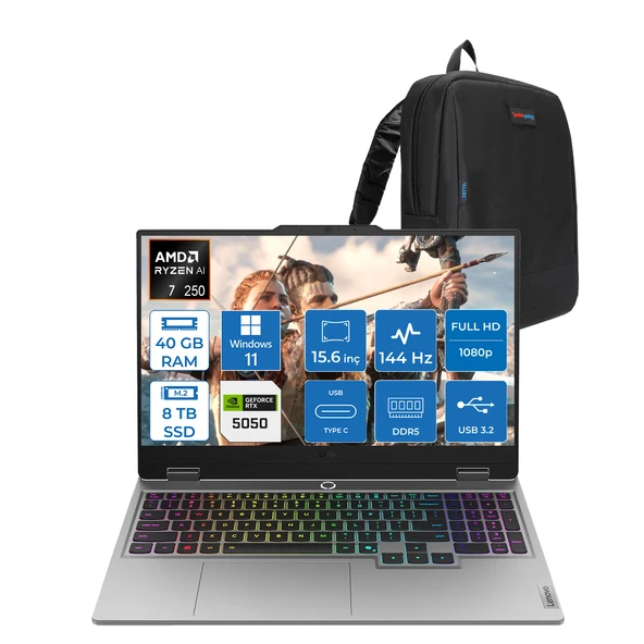 Lenovo Loq 15AHP10 Amd Ryzen 7 250 40GB Ddr5 8tb SSD Windows 11 Pro RTX5050 8gb 100W 15.6" Fhd (1920X1080) IPS 300NITS 144Hz Gaming Laptop 83JG006ATRP28 + Zetta Çanta ürün görseli 1