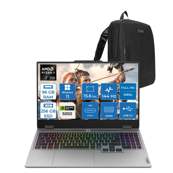 Lenovo Loq 15AHP10 Amd Ryzen 7 250 96GB Ddr5 256GB SSD Windows 11 Home RTX5050 8gb 100W 15.6" Fhd (1920X1080) IPS 300NITS 144Hz Gaming Laptop 83JG006ATRH50 + Zetta Çanta ürün görseli 1