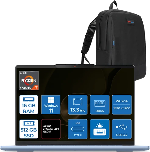 Lenovo Ideapad Slim 5 Amd Ryzen 7 7735HS 16GB LPDDR5X 512GB SSD Amd Radeon 680M Graphics WIN11PRO 13.3" Wuxga IPS 400NITS Taşınabilir Bilgisayar MD83J2003QTRTP01 + Zettaçanta ürün görseli 1