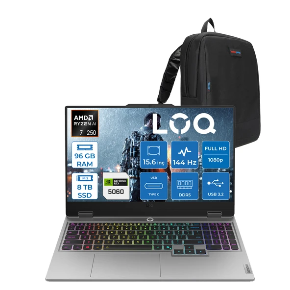 Lenovo Loq 15AHP10 Amd Ryzen 7 250 96GB Ddr5 8tb SSD Freedos RTX5060 8gb 100W 15.6" Fhd (1920X1080) IPS 300NITS 144Hz Gaming Laptop 83JG006ETRF56 + Zetta Çanta ürün görseli 1