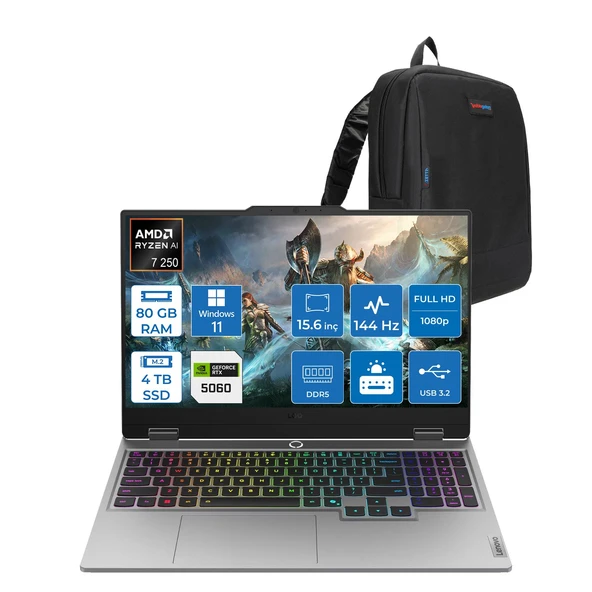 Lenovo Loq 15AHP10 Amd Ryzen 7 250 Aı 80GB Ddr5 4tb SSD 8GB/RTX5060 100W Gddr7 15.6" Fhd (1920X1080) IPS 300NITS 144Hz  WIN11HOME Gaming BILG.83JG008UTRH25+ZETTAÇANTA ürün görseli 1