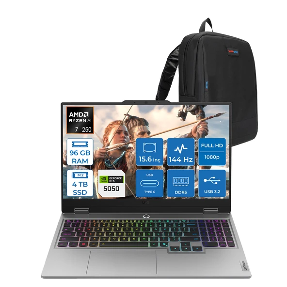 Lenovo Loq 15AHP10 Amd Ryzen 7 250 96GB Ddr5 4tb SSD Freedos RTX5050 8gb 100W 15.6" Fhd (1920X1080) IPS 300NITS 144Hz Gaming Laptop 83JG006ATRF54 + Zetta Çanta ürün görseli 1