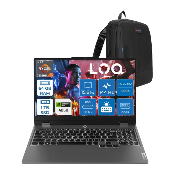 Lenovo Loq 15ARP9 Amd Ryzen 5 7235HS 64GB Ddr5 1tb SSD Freedos RTX4050 6gb 105W 15.6" Fhd (1920X1080) IPS 300NITS 144Hz Gaming Laptop 83JC00H4TRF38 + Zetta Çanta ürün görseli 1
