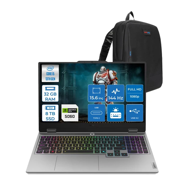 Lenovo Loq 15IRX10 Intel Core I5 13450HX 32GB Ddr5 8tb SSD RTX5060 8gb 100W Freedos 15.6" Fhd (1920X1080) IPS 300NITS 144Hz 100% Srgb Taşınabilir Bilgisayar 83JE00ENTRF18 + Zetta Çanta ürün görseli 1