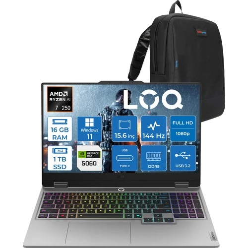 Lenovo Loq 15AHP10 Amd Ryzen 7 250 16GB Ddr5 1tb SSD Windows 11 Home RTX5060 8gb 100W 15.6" Fhd (1920X1080) IPS 300NITS 144Hz Gaming Laptop 83JG006ETRH03 + Zetta Çanta ürün görseli 1