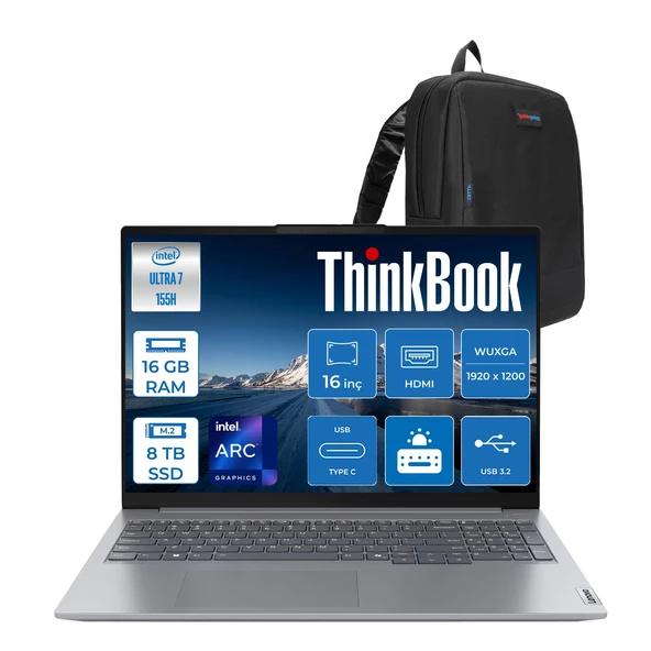 Lenovo Thinkbook 16 G7 Iml Intel Ultra 7 155H 16GB Ddr5 8tb(4+4) SSD Intel® Aı Boost 16" Wuxga 300NITS IPS Freedos Taşınabilir Bilgisayar 21MS008RTR8TBF05 + Zetta Çanta ürün görseli 1