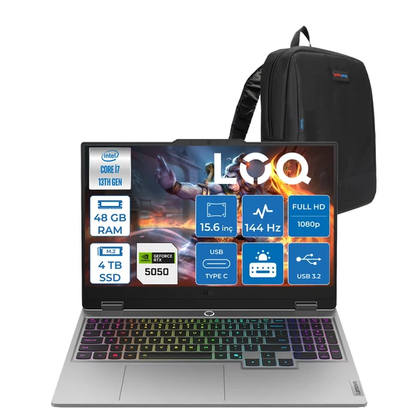 Lenovo Loq 15IRX10 Intel Core I7 13700HX 48GB Ddr5 4tb SSD RTX5050 8gb 100W Freedos 15.6" Fhd (1920X1080) IPS 300NITS 144Hz 100% Srgb Taşınabilir Bilgisayar W83JE00KKTRF28 + Zetta Çanta ürün görseli 1