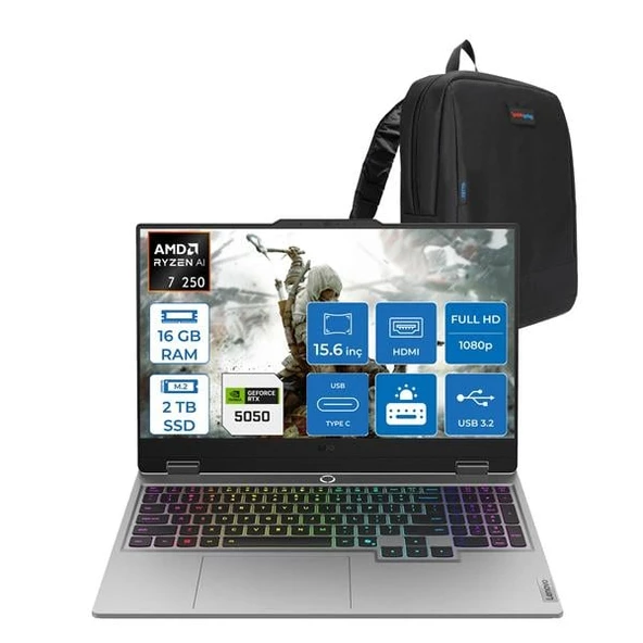Lenovo Loq Amd Ryzen 7 250 16GB Ddr5 2tb SSD 8GB/RTX5050/100W 15.6" Fhd IPS 300NITS 100% Srgb 144Hz Freedos Taşınabilir Bilgisayar 15AHP1050F03 + Zettaçanta ürün görseli 1