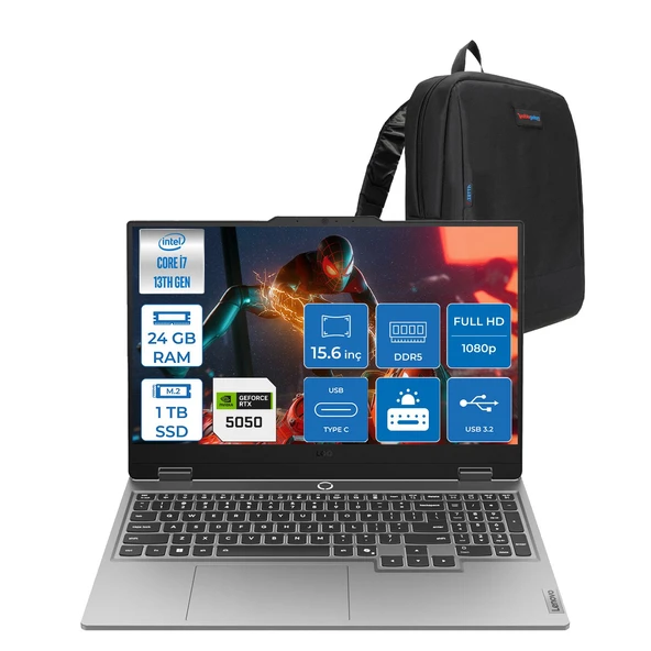 Lenovo Loq 15IRX10 Intel® Core I7-13700HX 24GB Ddr5 1tb SSD 15.6" 8GB/RTX5050 100W (1920X1080) IPS 300NITS 144Hz, G-Sync® Freedos Gaming BILG.83JE00KMTRF03+ZETTAÇANTA ürün görseli 1
