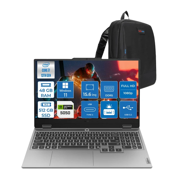 Lenovo Loq 15IRX10 Intel® Core I7-13700HX 48GB Ddr5 512GB SSD 15.6" 8GB/RTX5050 100W (1920X1080) IPS 300NITS 144Hz, G-Sync® WIN11PRO Gaming BILG.83JE00KMTRP12+ZETTAÇANTA ürün görseli 1