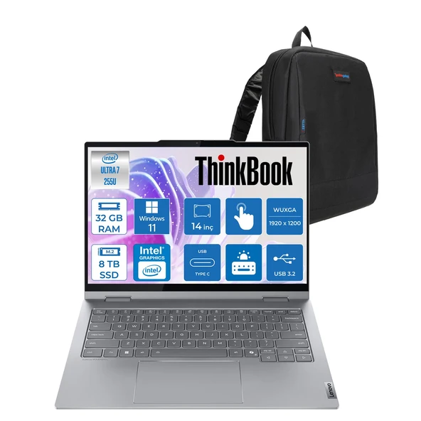 Lenovo Thinkbook 14 2-In-1 G5 Iau Intel Core Ultra 7 255U 32GB Ddr5 8tb SSD Windows 11 Pro Dokunmatik 14 Inç Wuxga (1920 x 1200) IPS 300NITS 21SQ002TTXP21 + Slim Pen ve Zetta Çanta ürün görseli 1
