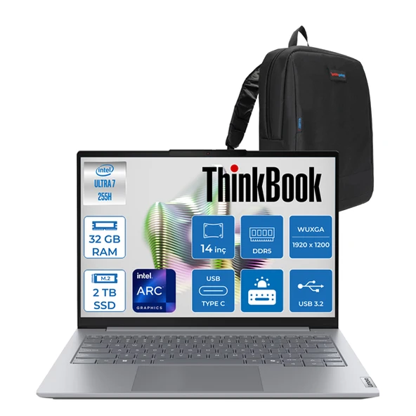 Lenovo Thinkbook 14 G8 Ial Intel Core Ultra 7 255H 32GB Ddr5 2tb SSD Intel Arc 140T 14" Wuxga IPS 300NITS Freedos Taşınabilir Bilgisayar 21SJ007BTXF11 + Zettaçanta ürün görseli 1