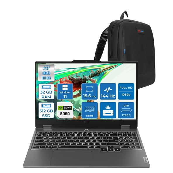 Lenovo Loq 15IRX10 Intel® Core I5-13450HX 32GB Ddr5 512GB SSD 15.6" 8GB/RTX5060 100W (1920X1080) IPS 300NITS 144Hz, G-Sync® Windows 11 Pro Gaming BILG.83JE00JMTRP07+ZETTAÇANTA ürün görseli 1