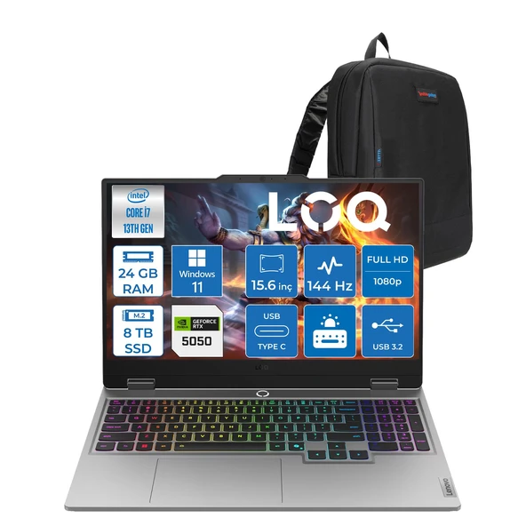 Lenovo Loq 15IRX10 Intel Core I7 13700HX 24GB Ddr5 8tb SSD RTX5050 8gb 100W Windows 11 Home 15.6" Fhd (1920X1080) IPS 300NITS 144Hz 100% Srgb Taşınabilir Bilgisayar W83JE00KKTRH12 + Zetta Çanta ürün görseli 1