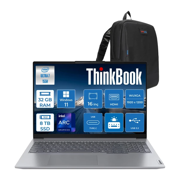 Lenovo Thinkbook 16 G7 Iml Intel Ultra 7 155H 32GB Ddr5 8tb(4+4) SSD Intel® Aı Boost 16" Wuxga 300NITS IPS Windows 11 Home Taşınabilir Bilgisayar 21MS008RTR8TBH15 + Zetta Çanta ürün görseli 1