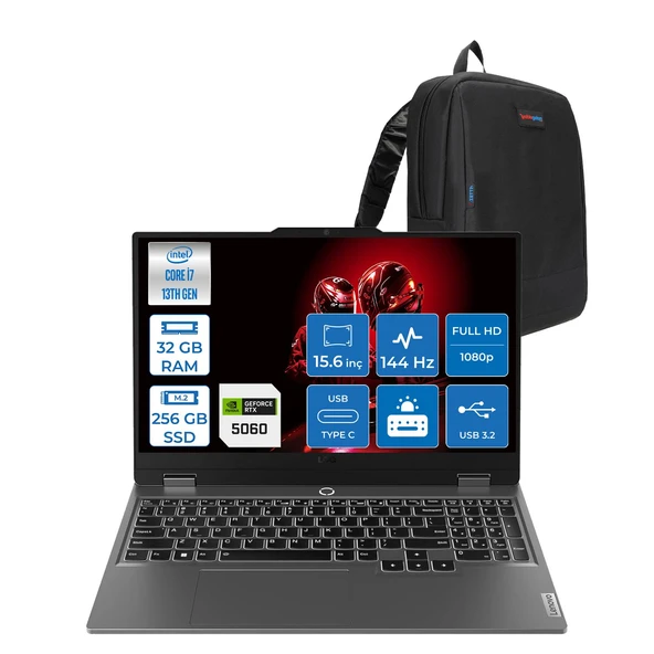 Lenovo Loq 15IRX10 Intel® Core I7-13650HX 32GB Ddr5 256GB SSD 15.6" 8GB/RTX5060 100W (1920X1080) IPS 300NITS 144Hz, G-Sync® Freedos Gaming BILG.83JE00ETTRF06+ZETTAÇANTA ürün görseli 1