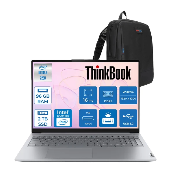 Lenovo Thinkbook 16 Gen 8 Ial Intel Core Ultra 5 225U 96GB Ddr5 2tb SSD Freedos Intel Aı Boost 16 Inç Wuxga (1920 x 1200) IPS 300NITS Taşınabilir Bilgisayar 21SK007VTXF53 + Zetta Çanta ürün görseli 1