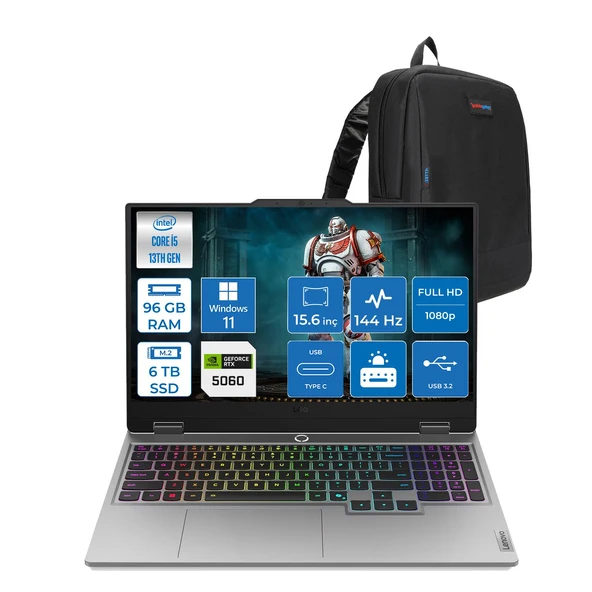Lenovo Loq 15IRX10 Intel Core I5 13450HX 96GB Ddr5 6tb SSD RTX5060 8gb 100W Windows 11 Pro 15.6" Fhd (1920X1080) IPS 300NITS 144Hz 100% Srgb Taşınabilir Bilgisayar 83JE00ENTRP47 + Zetta Çanta ürün görseli 1