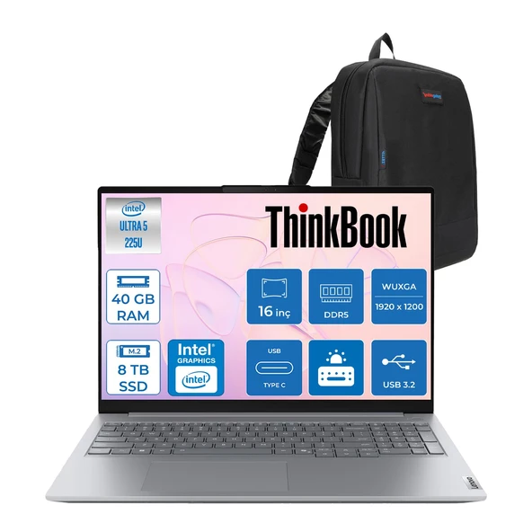 Lenovo Thinkbook 16 Gen 8 Ial Intel Core Ultra 5 225U 40GB Ddr5 8tb SSD Freedos Intel Aı Boost 16 Inç Wuxga (1920 x 1200) IPS 300NITS Taşınabilir Bilgisayar 21SK007VTXF28 + Zetta Çanta ürün görseli 1