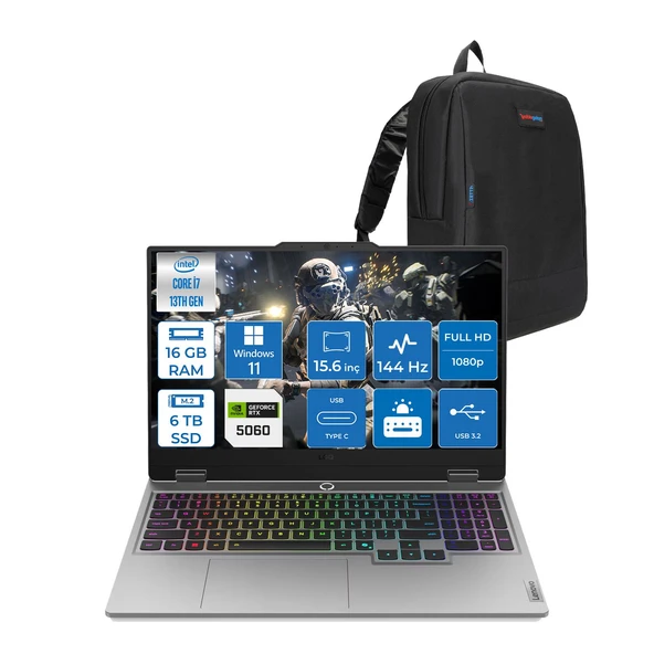 Lenovo Loq 15IRX10 Intel Core I7 13650HX 16GB Ddr5 6tb SSD RTX5060 8gb 100W Windows 11 Pro 15.6" Fhd (1920X1080) IPS 300NITS 144Hz 100% Srgb Taşınabilir Bilgisayar 83JE00J5TRP05 + Zetta Çanta ürün görseli 1