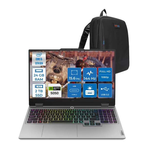 Lenovo Loq Intel Core I5-13450HX 24GB Ddr5 2tb SSD 8GB/RTX5050/100W 15.6" Fhd IPS 300NITS 100% Srgb 144Hz Freedos Taşınabilir Bilgisayar 83JE00JLTRF07 + Zettaçanta ürün görseli 1