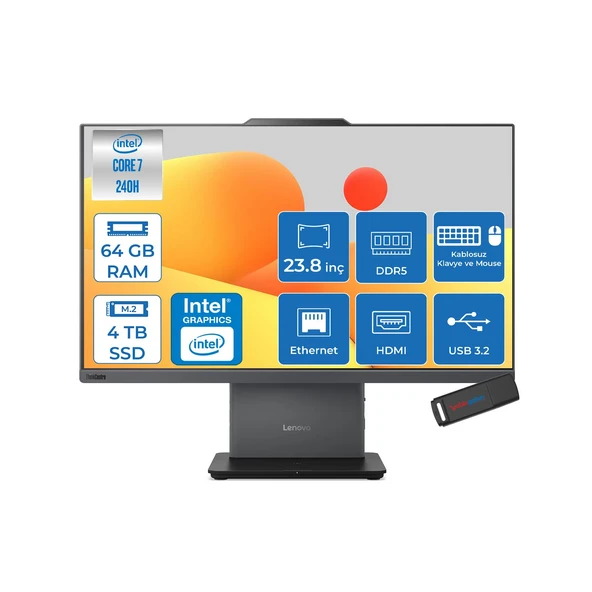 Lenovo Thınkcentre Neo 50A Intel Core 7 240H 64GB Ddr5 4tb SSD Intel Graphics 23.8" Fhd IPS 250NITS 99% Srgb Freedos All In One Bilgisayar 12SC004MTRF24 + Zettausbbellek ürün görseli 1
