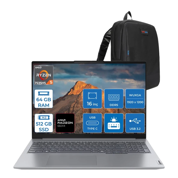 Lenovo Thinkbook 16 G7 Ryzen 5 7535HS 64GB Ddr5 512GB SSD Amd Radeon 660M 16" Wuxga IPS 300NITS Windows 11 Pro Taşınabilir Bilgisayar 21MW000PTRH21 + Zettaçanta ürün görseli 1