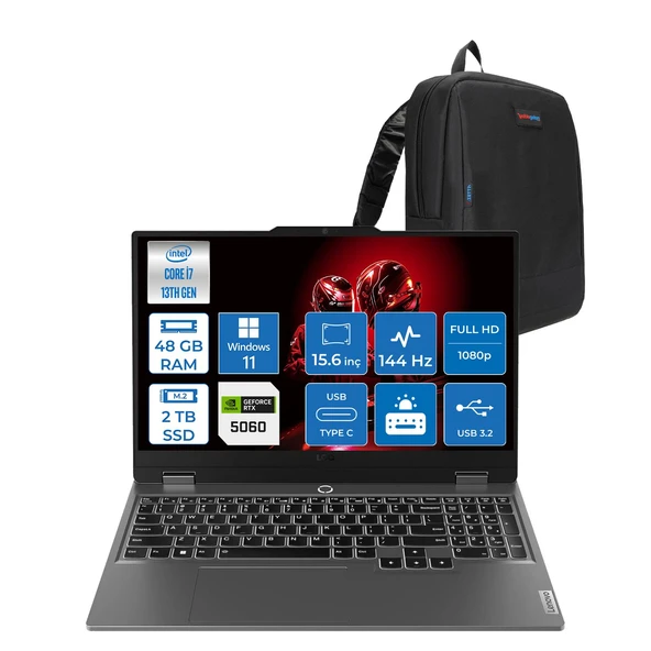 Lenovo Loq 15IRX10 Intel® Core I7-13650HX 48GB Ddr5 2tb SSD 15.6" 8GB/RTX5060 100W (1920X1080) IPS 300NITS 144Hz, G-Sync® Windows 11 Pro Gaming BILG.83JE00ETTRP14+ZETTAÇANTA ürün görseli 1