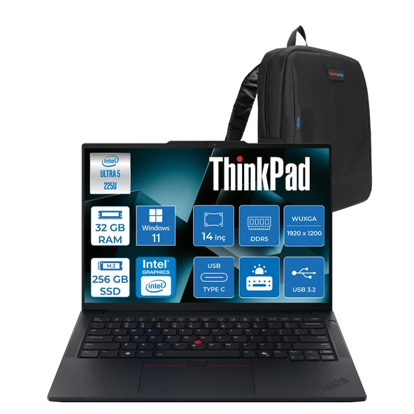 Lenovo Thinkpad E14 Gen 7 Intel Core Ultra 5 225U 32GB Ddr5 256GB SSD Windows 11 Home Intel Aı Boost 14 Inç Wuxga (1920 x 1200) IPS 300NITS Taşınabilir Bilgisayar 21SX007DTXH11 + Zetta Çanta ürün görseli 1