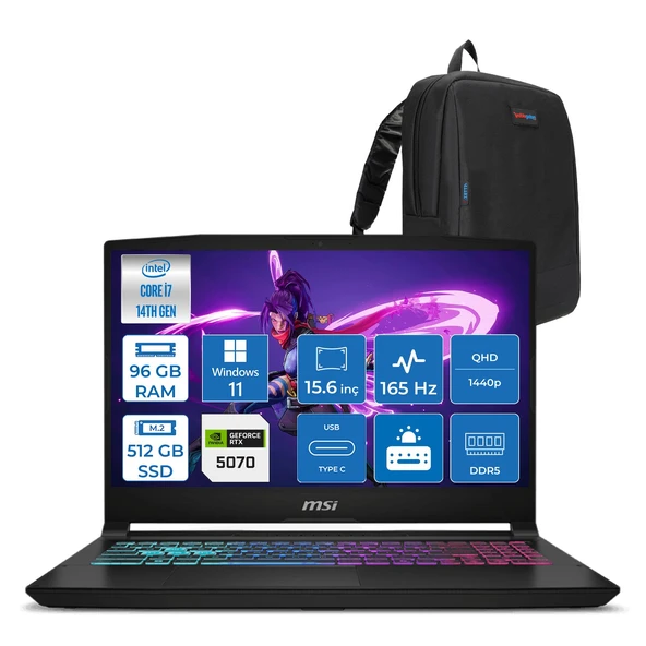 Msı Katana 15 Hx Intel Core I7 14650HX 96GB Ddr5 512GB SSD Windows 11 Pro RTX5070 8gb Gddr7 115W 15.6" 2k QHD(2560X1440) 165HZ Gaming Laptop B14WGK068XTRP37 + Zetta Çanta ürün görseli 1