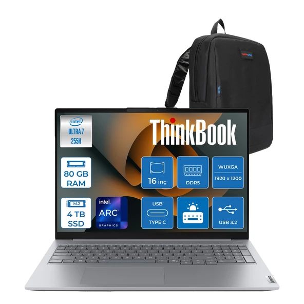 Lenovo Thinkbook 16 Gen 8 Ial Intel Core Ultra 7 255H 80GB Ddr5 4tb SSD Freedos Intel Arc 140T 16 Inç Wuxga (1920 x 1200) IPS 300NITS Taşınabilir Bilgisayar 21SK007UTXF47 + Zetta Çanta ürün görseli 1