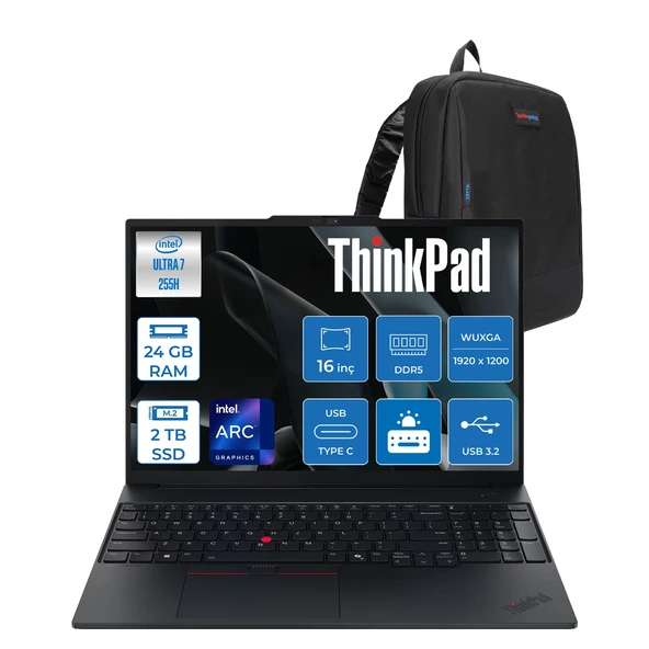 Lenovo Thinkpad E16 Gen 3 Intel Core Ultra 7 255H 24GB Ddr5 2tb SSD Freedos Intel Arc 140T 16 Inç Wuxga (1920 x 1200) IPS 300NITS Taşınabilir Bilgisayar 21SR006RTXF09 + Zetta Çanta ürün görseli 1