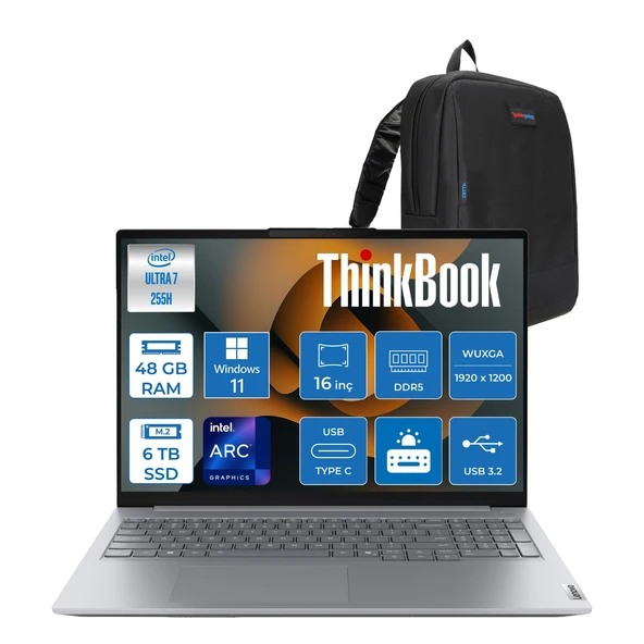 Lenovo Thinkbook 16 Gen 8 Ial Intel Core Ultra 7 255H 48GB Ddr5 6tb SSD Windows 11 Pro Intel Arc 140T 16 Inç Wuxga (1920 x 1200) IPS 300NITS Taşınabilir Bilgisayar 21SK007UTXP34 + Zetta Çanta ürün görseli 1