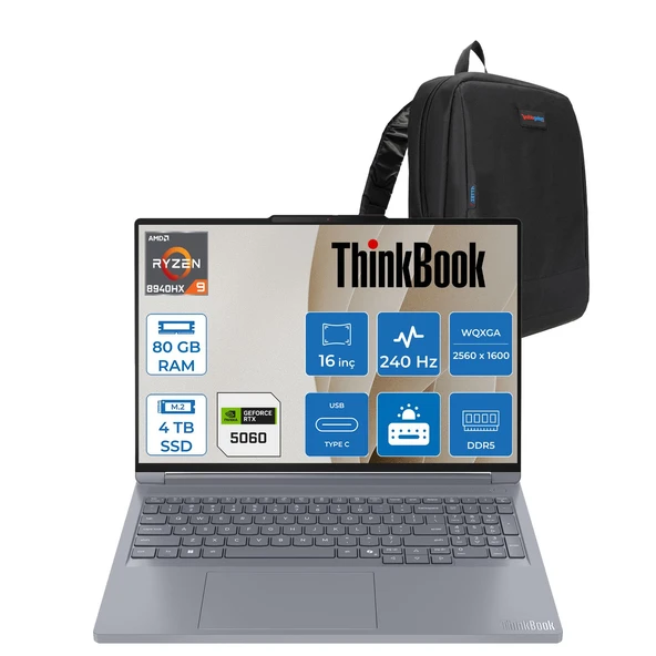 Lenovo Thinkbook 16P G6 Adr Ryzen 9 8940HX 80GB Ddr5 4tb SSD 8GB/RTX5060/115W 16" Wqxga IPS 500NITS 240Hz Windows 11 Pro Taşınabilir Bilgisayar 21U00013TXP24 + Zettaçanta ürün görseli 1