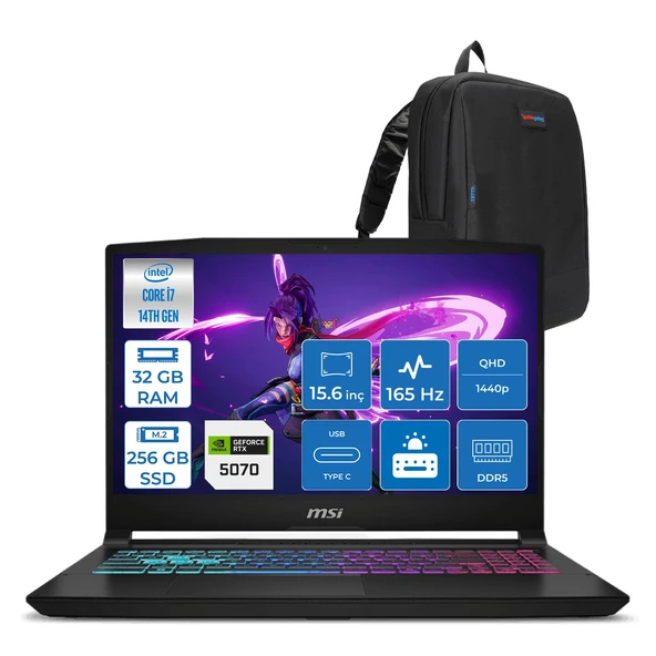 Msı Katana 15 Hx Intel Core I7 14650HX 32GB Ddr5 256GB SSD Freedos RTX5070 8gb Gddr7 115W 15.6" 2k QHD(2560X1440) 165HZ Gaming Laptop B14WGK068XTRF11 + Zetta Çanta ürün görseli 1