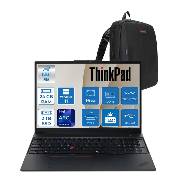 Lenovo Thinkpad E16 Gen 3 Intel Core Ultra 7 255H 24GB Ddr5 2tb SSD Windows 11 Pro Intel Arc 140T 16 Inç Wuxga (1920 x 1200) IPS 300NITS Taşınabilir Bilgisayar 21SR006RTXP09 + Zetta Çanta ürün görseli 1