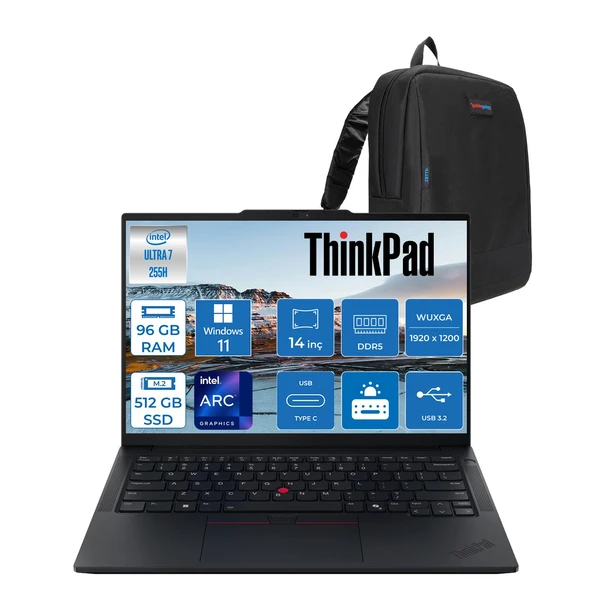 Lenovo Thinkpad E14 Gen 7 Intel Core Ultra 7 255H Aı 96GB Ddr5 512GB SSD Intel® Arc™ 140T 14" Wuxga (1920X1200) IPS 300NITS IPS WIN11HOME Taşınabilir BILG.T21SX007CTXH27+ZETTAÇANTA ürün görseli 1