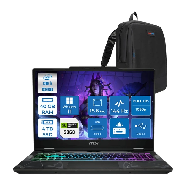 Msı Cyborg 15 Intel Core I7 13620H 40GB Ddr5 4tb SSD RTX5060 Gddr7 8gb Windows 11 Pro 15.6" Fullhd (1920X1080) 144HZ IPS Taşınabilir Bilgisayar B13WFKG490XTRP20 + Zetta Çanta ürün görseli 1