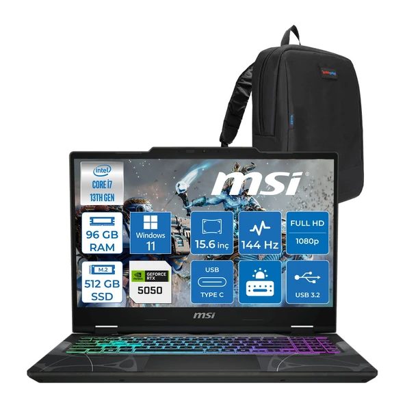 Msı Cyborg 15 Intel Core I7 13620H 96GB Ddr5 512GB SSD RTX5050 Gddr7 8gb Windows 11 Pro 15.6" Fullhd (1920X1080) 144HZ IPS Taşınabilir Bilgisayar B13WEKG613XTRP37 + Zetta Çanta ürün görseli 1