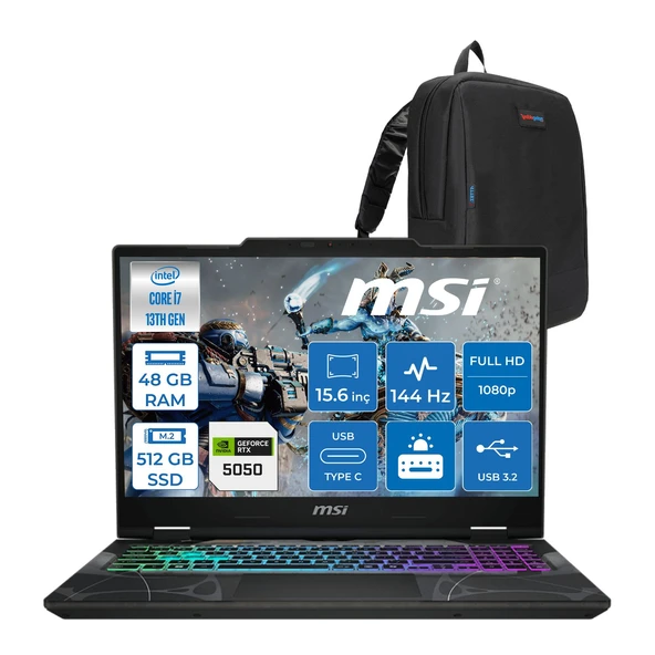 Msı Cyborg 15 Intel Core I7 13620H 48GB Ddr5 512GB SSD RTX5050 Gddr7 8gb Freedos 15.6" Fullhd (1920X1080) 144HZ IPS Taşınabilir Bilgisayar B13WEKG613XTRF22 + Zetta Çanta ürün görseli 1