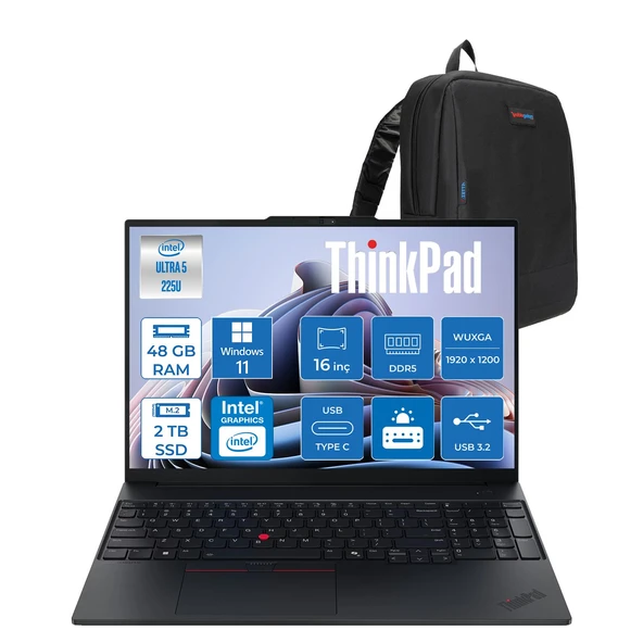 Lenovo Thinkpad E16 Gen 3 Intel Core Ultra 5 225U 48GB Ddr5 2tb SSD Windows 11 Pro Intel Aı Boost 16 Inç Wuxga (1920 x 1200) IPS 300NITS Taşınabilir Bilgisayar 21SR006VTXP24 + Zetta Çanta ürün görseli 1
