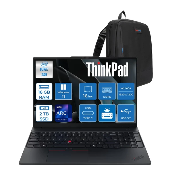 Lenovo Thinkpad E16 Gen 3 Intel Core Ultra 7 255H 16GB Ddr5 2tb SSD Windows 11 Pro Intel Arc 140T 16 Inç Wuxga (1920 x 1200) IPS 300NITS Taşınabilir Bilgisayar 21SR006RTXP04 + Zetta Çanta ürün görseli 1
