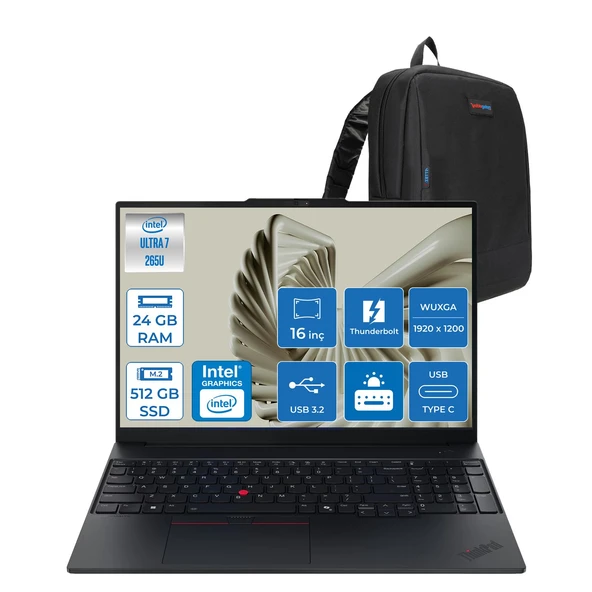 Lenovo Thinkpad E16 Gen 3 Intel Core Ultra 7 265U 24GB Ddr5 512GB SSD Freedos Intel Aı Boost 16 Inç Wuxga (1920 x 1200) IPS 300NITS Taşınabilir Bilgisayar 21SR0076TXF07 + Zetta Çanta ürün görseli 1