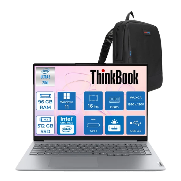 Lenovo Thinkbook 16 Gen 8 Ial Intel Core Ultra 5 225U 96GB Ddr5 512GB SSD Windows 11 Home Intel Aı Boost 16 Inç Wuxga (1920 x 1200) IPS 300NITS Taşınabilir Bilgisayar 21SK007VTXH51 + Zetta Çanta ürün görseli 1