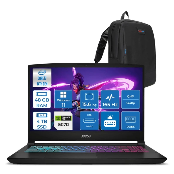Msı Katana 15 Hx Intel Core I7 14650HX 48GB Ddr5 4tb SSD Windows 11 Pro RTX5070 8gb Gddr7 115W 15.6" 2k QHD(2560X1440) 165HZ Gaming Laptop B14WGK068XTRP25 + Zetta Çanta ürün görseli 1