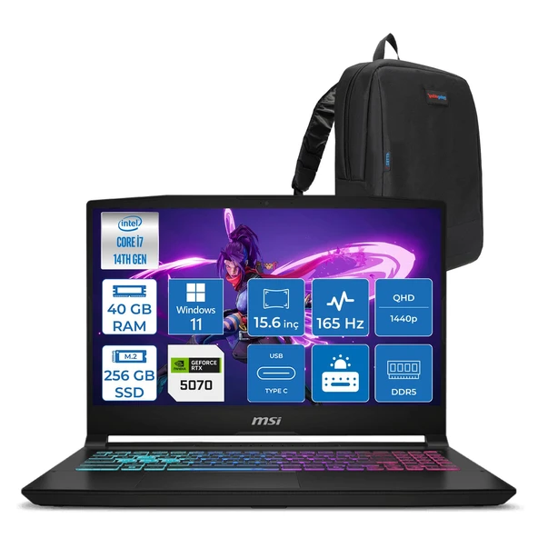 Msı Katana 15 Hx Intel Core I7 14650HX 40GB Ddr5 256GB SSD Windows 11 Pro RTX5070 8gb Gddr7 115W 15.6" 2k QHD(2560X1440) 165HZ Gaming Laptop B14WGK068XTRP16 + Zetta Çanta ürün görseli 1