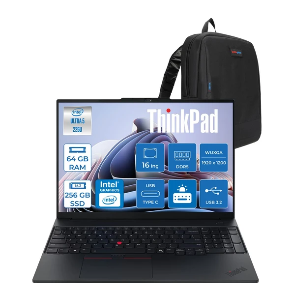 Lenovo Thinkpad E16 Gen 3 Intel Core Ultra 5 225U 64GB Ddr5 256GB SSD Freedos Intel Aı Boost 16 Inç Wuxga (1920 x 1200) IPS 300NITS Taşınabilir Bilgisayar 21SR006VTXF26 + Zetta Çanta ürün görseli 1